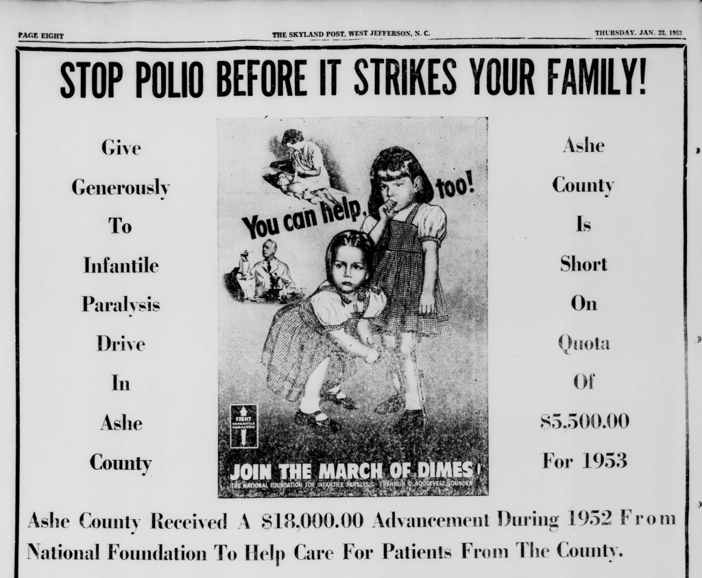 Advertisement for donations for March of Dimes to fight polio 
